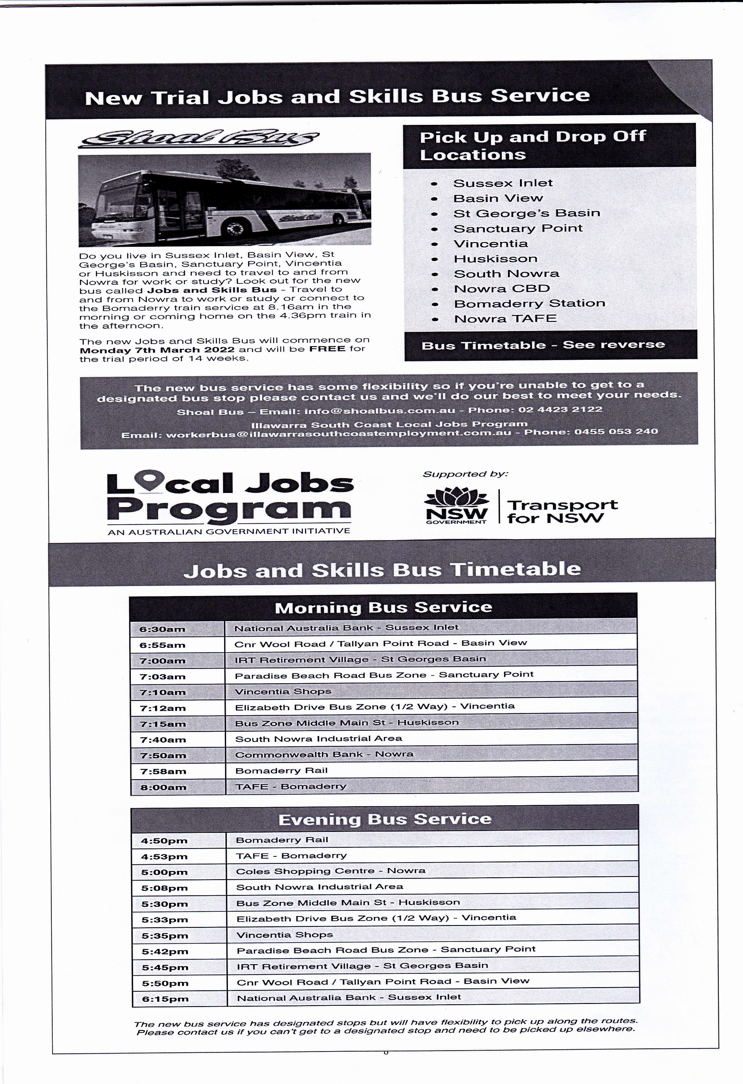 Bus Trial for early am transport to Nowra 