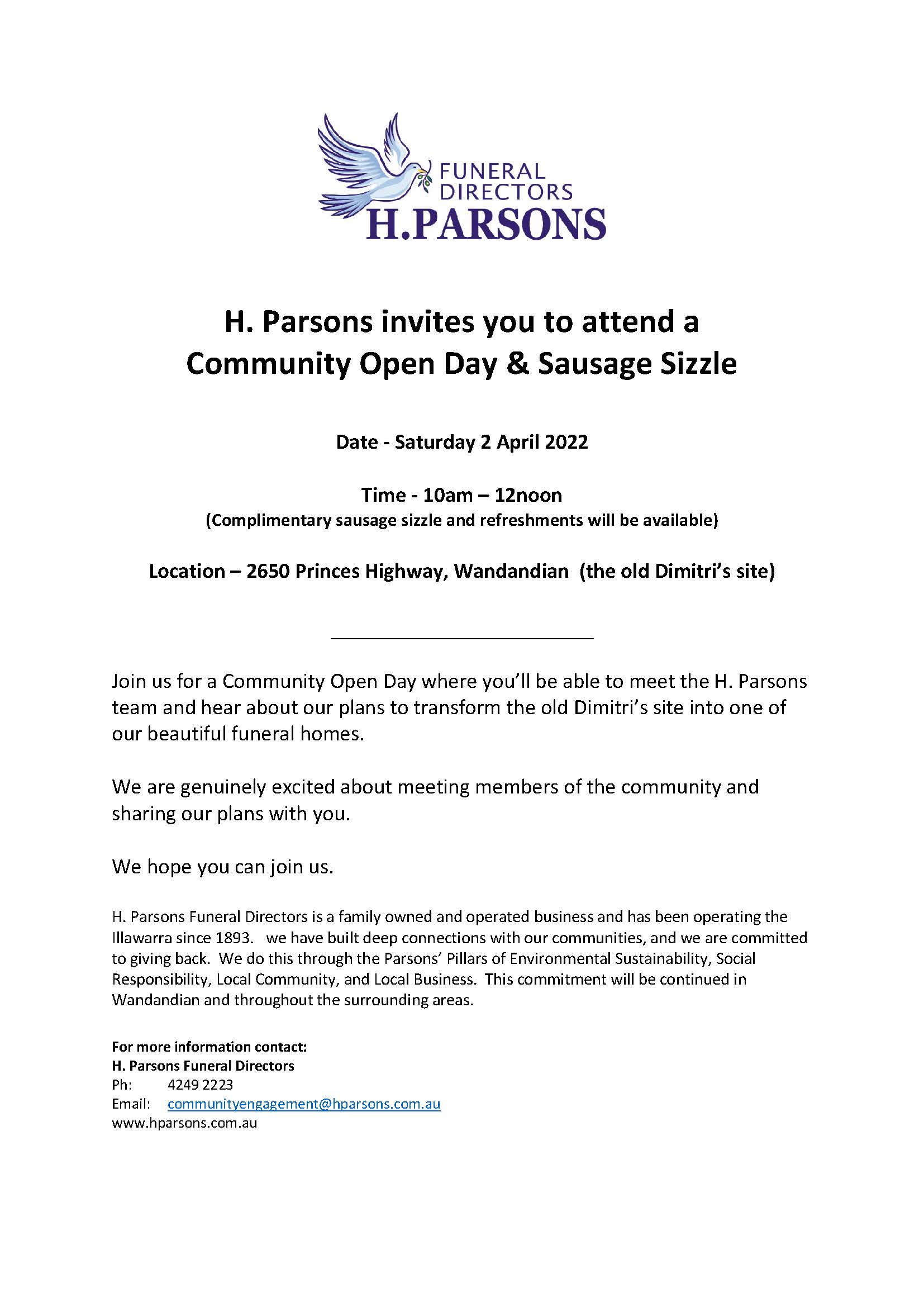 H Parsons invite to Open  Day